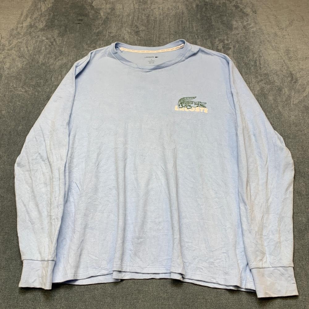 Lacoste Sleepwear Shirt Mens XL Light Blue Waffle Knit Wordmark Logo Long Sleeve